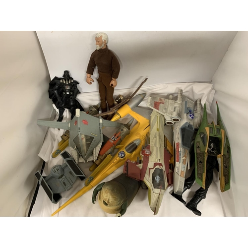 433 - A BOX OF STAR WARS STARSHIPS AND FIGURES TO INCLUDE DARTH VADAR, OBI WAN KENOBI, ETC.,