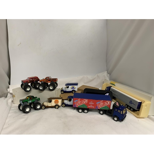 438 - A QUANTITY OF BOXED VEHICLES TO INCLUDE LORRIES, MONSTER TRUCKS, LIMITED EDITION ADVERTISING VANS