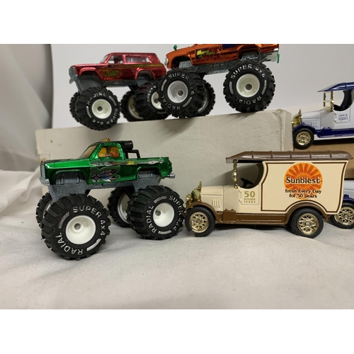 438 - A QUANTITY OF BOXED VEHICLES TO INCLUDE LORRIES, MONSTER TRUCKS, LIMITED EDITION ADVERTISING VANS