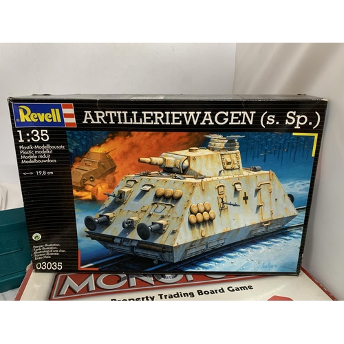 448 - TWO PRECISION MODEL KITS OF TANKS TOGETHER WITH A VINTAGE MONOPOLY AND A SCRABBLE GAME