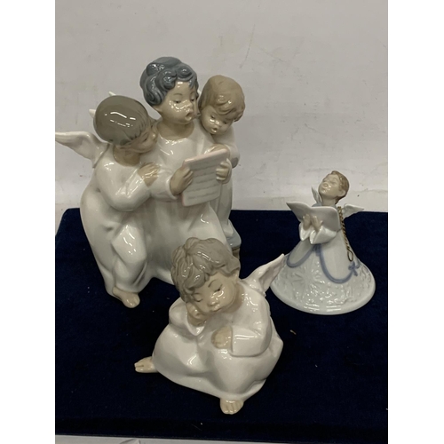 980 - THREE LLADRO FIGURES TO INCLUDE AN ANGEL BELL, THREE ANGLES AND A SINGLE ANGEL