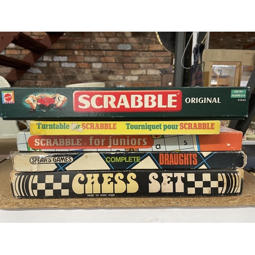 1004 - THREE SCRABBLE GAMES, ORIGINAL, TURNTABLE AND JUNIOR PLUS A SPEAR;S GAMES DRAUGHTS SET AND A CHESS S... 