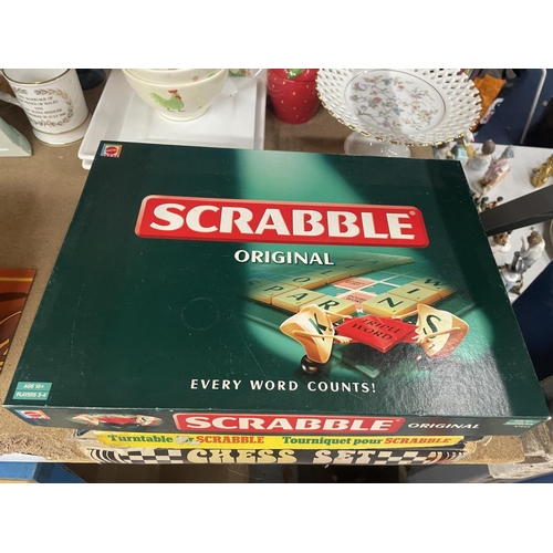 1004 - THREE SCRABBLE GAMES, ORIGINAL, TURNTABLE AND JUNIOR PLUS A SPEAR;S GAMES DRAUGHTS SET AND A CHESS S... 