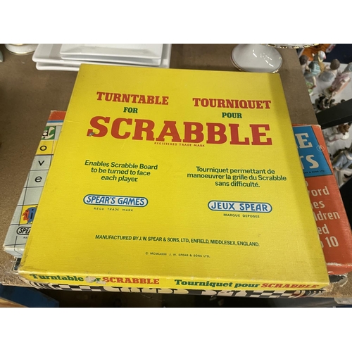 1004 - THREE SCRABBLE GAMES, ORIGINAL, TURNTABLE AND JUNIOR PLUS A SPEAR;S GAMES DRAUGHTS SET AND A CHESS S... 