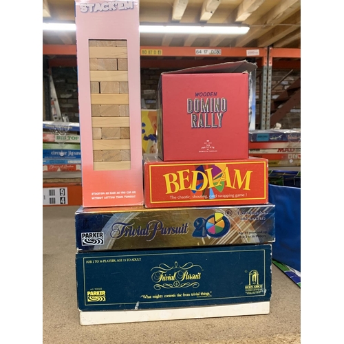 1121 - TWO TRIVIAL PURSUIT GAMES, DOMINO RALLY, STACK 'EM AND BEDLAM