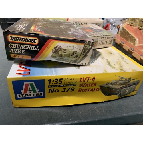 1140 - THREE MODEL MAKING KITS TO INCLUDE AIRFIX CATTLE WAGON BOX CONTAINING PLASTIC SOLDIERS MATCHBOX CHUR... 