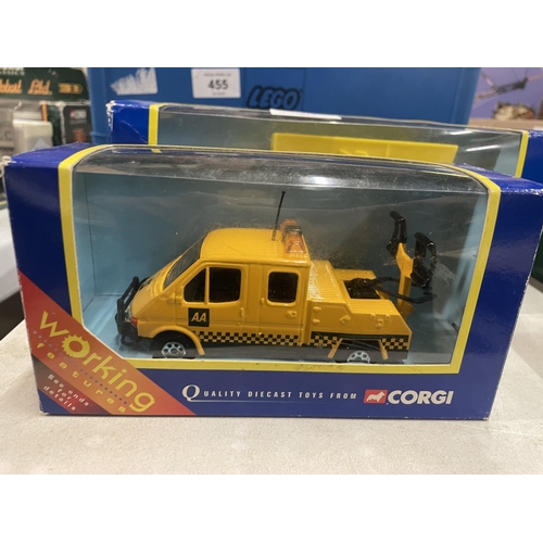 454 - TWO BOXED CORGI VEHICLES, A FORD TRANSIT AA WRECKER AND A MERCEDES SKIP LORRY