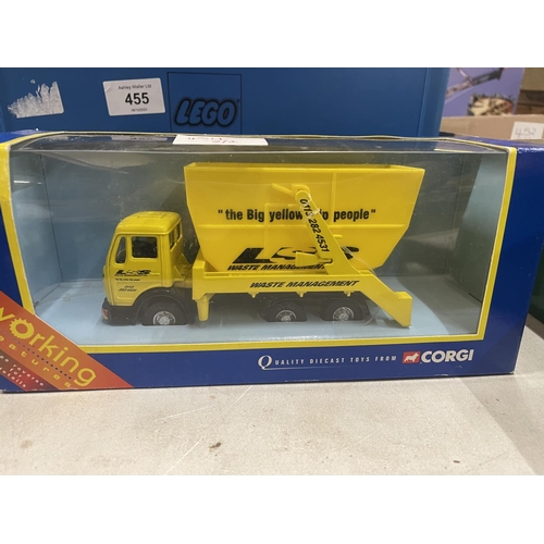 454 - TWO BOXED CORGI VEHICLES, A FORD TRANSIT AA WRECKER AND A MERCEDES SKIP LORRY