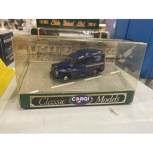 457 - FOUR BOXED DIE-CAST CORGI VEHICLES TO INCLUDE A MORRIS MINOR POLICE PANDA CAR, AN EDDIE STOBART BEDF... 