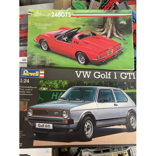 500 - FOUR CAR MODEL KITS TO INCLUDE AN AIRFIX JAGUAR 'E' TYPE, REVELL VW GOLF 1 GTI, TAMIYA FIAT ABARTH A... 