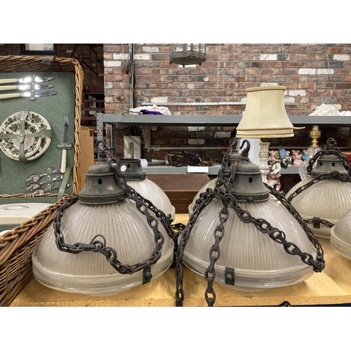 1321 - A SET OF FOUR HOLOPHANE LAMPS WITH METAL FITTINGS AND CHAIN