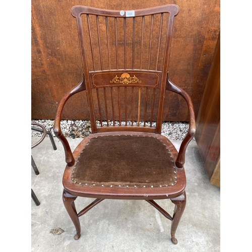 2506 - AN EDWARDIAN MAHOGANY AND INLAID SPINDLE BACK ELBOW CHAIR ON FRONT CABRIOLE LEGS