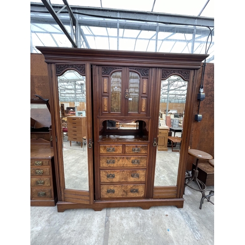 2510 - A VICTORIAN WALNUT WARDROBE WITH TWO MIRROR DOORS, TWO SHORT, THREE LONG DRAWERS AND GLAZED TWO DOOR... 