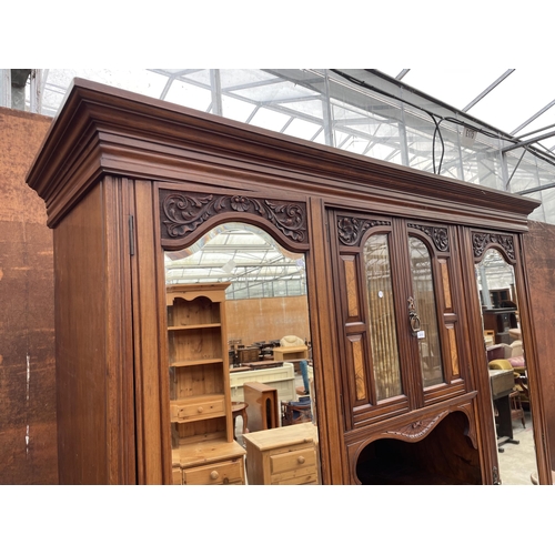 2510 - A VICTORIAN WALNUT WARDROBE WITH TWO MIRROR DOORS, TWO SHORT, THREE LONG DRAWERS AND GLAZED TWO DOOR... 