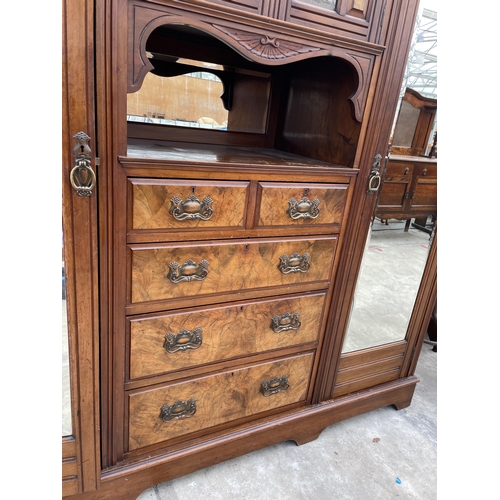 2510 - A VICTORIAN WALNUT WARDROBE WITH TWO MIRROR DOORS, TWO SHORT, THREE LONG DRAWERS AND GLAZED TWO DOOR... 