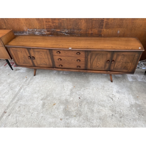 2513 - A LONG, POSSIBLY ERCOL ELM SIDEBOARD ENCLOSING THREE DRAWERS AND FOUR CUPBOARDS, 93