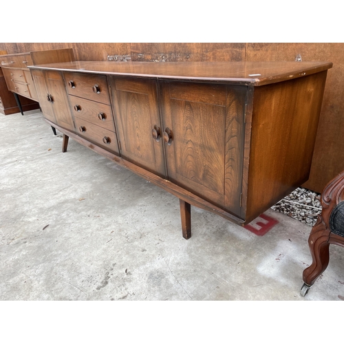 2513 - A LONG, POSSIBLY ERCOL ELM SIDEBOARD ENCLOSING THREE DRAWERS AND FOUR CUPBOARDS, 93