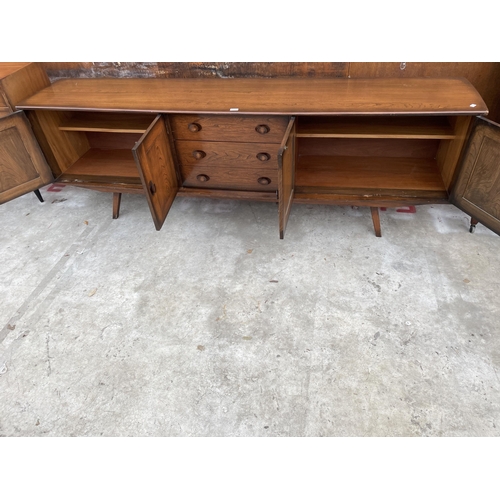 2513 - A LONG, POSSIBLY ERCOL ELM SIDEBOARD ENCLOSING THREE DRAWERS AND FOUR CUPBOARDS, 93