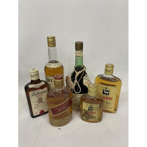 557A - SIX MIXED BOTTLES - 2 X WHITE HORSE OLD SCOTCH WHISKY, JOHNNIE WALKER RED LABEL, BELL'S ETC