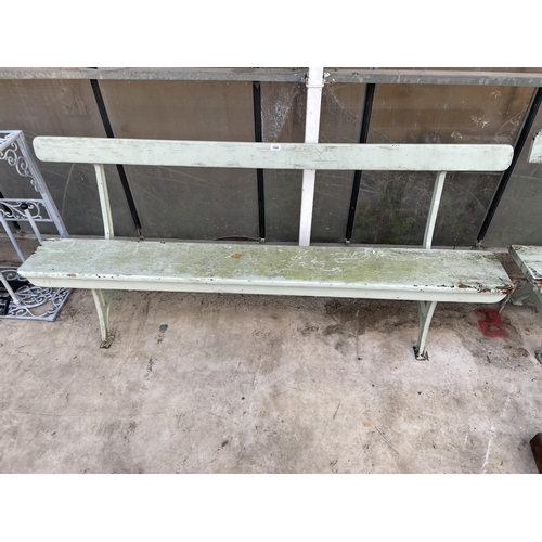 1508 - A VINTAGE WOODEN RAILWAY BENCH WITH CAST BENCH ENDS (L:167CM)