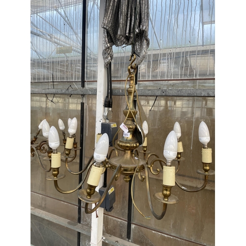 1511 - A PAIR OF EIGHT BRANCH BRASS CEILING LIGHT CHANDELIERS