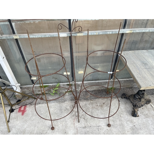 1522 - A PAIR OF STEEL PLANT CLIMBING FRAMES AND A STEEL BIRD FEEDER STAND