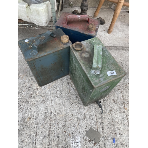 1558 - THREE VARIOUS VINTAGE FUEL CANS WITH BRASS CAPS