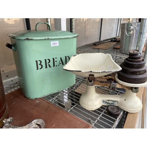 1571 - AN ENAMEL BREAD BIN AND A SET OF BALANCE SCALES WITH WEIGHTS