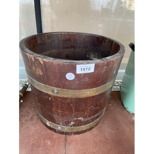 1572 - A VINTAGE OAK AND BRASS BANDED HALF BARREL COAL BUCKET