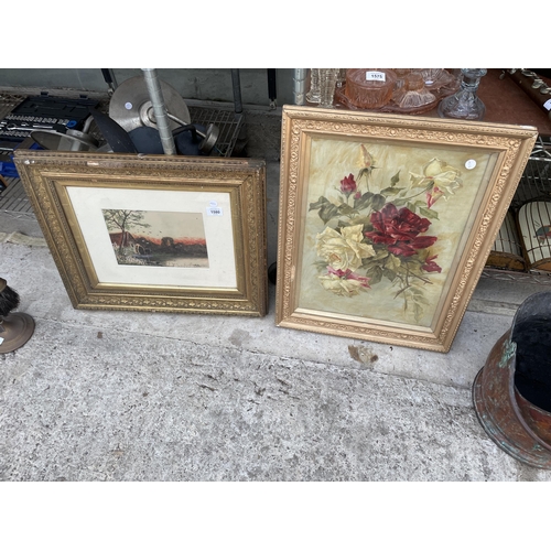 1580 - A GILT FRAMED OIL ON BOARD STILL LIFE OF ROSES AND A GILT FRAMED ABRAHAM HULK JUNIOR WATERCOLOUR OF ... 