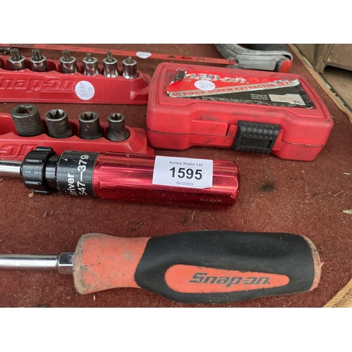 1595 - AN ASSORTMENT OF SNAP ON TOOLS TO INCLUDE A HACK SAW, SOCKETS AND SCREW EXTRACTOR BITS ETC