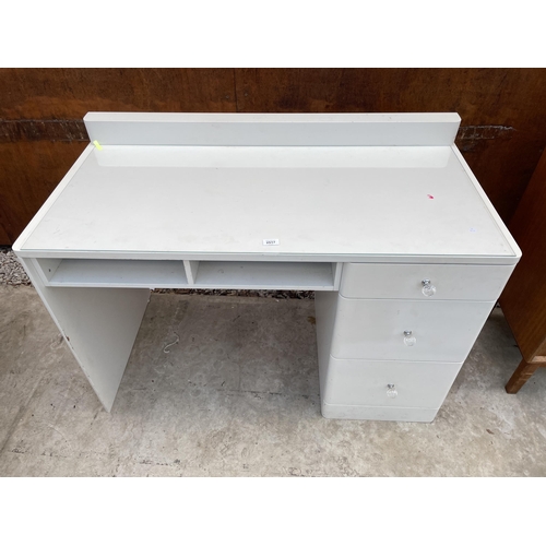 2517 - A MODERN WHITE SINGLE PEDESTAL DRESSING TABLE, WITH GLASS KNOBS, 47