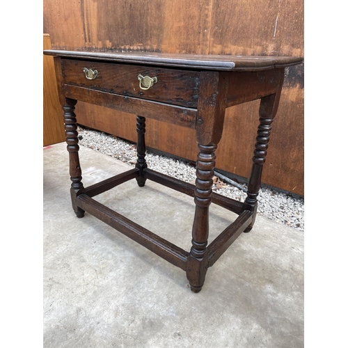 2519 - A GEORGIAN OAK SIDE TABLE ON BOBBIN TURNED LEGS WITH SINGLE DRAWER, 31.5