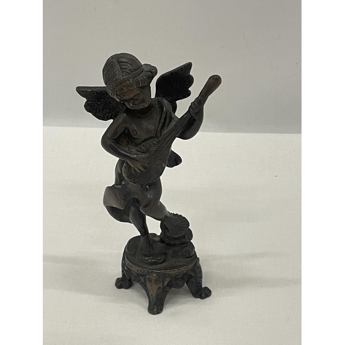 4 - A PAIR OF BRONZE CHERUBS ONE PLAYING A LUTE AND ONE A FLUTE APPROXIMATELY 6 INCHES TALL