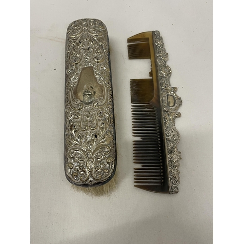 42 - A HALLMARKED BIRMINGHAM SILVER BACKED SET OF TWO BRUSHES, A MIRROR AND COMB