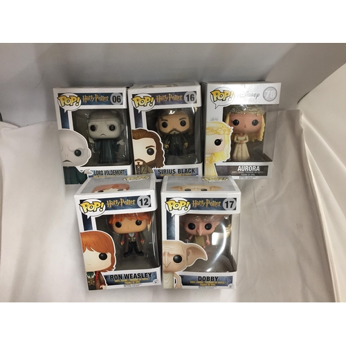 312 - A COLLECTION OF FIVE 'POP' FIGURES TO INCLUDE FOUR HARRY POTTER AND ONE DISNEY - ALL AS NEW IN BOXES