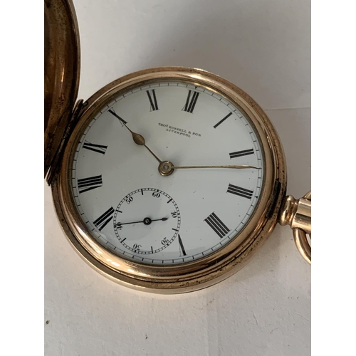 864 - A THOS RUSSELLAND SON LIVERPOOL GOLD PLATED POCKET WATCH WITH WHITE ENAMEL FACE, SUB DIAL AND ROMAN ... 