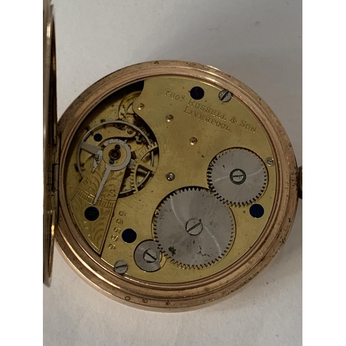 864 - A THOS RUSSELLAND SON LIVERPOOL GOLD PLATED POCKET WATCH WITH WHITE ENAMEL FACE, SUB DIAL AND ROMAN ... 