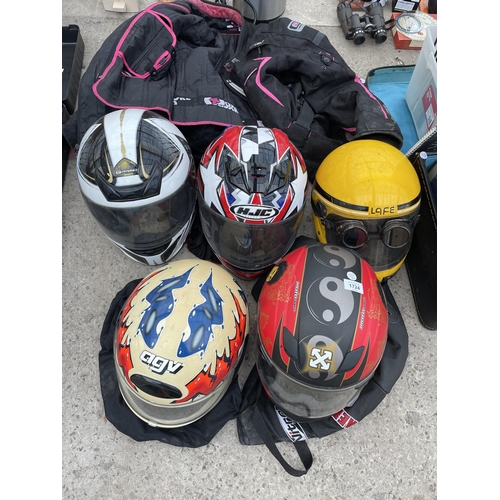 1724 - FIVE VARIOUS MOTOR BIKE HELMETS AND A MOTOR BIKE JACKET