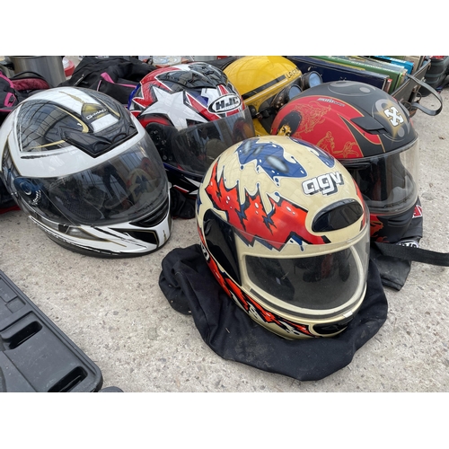 1724 - FIVE VARIOUS MOTOR BIKE HELMETS AND A MOTOR BIKE JACKET