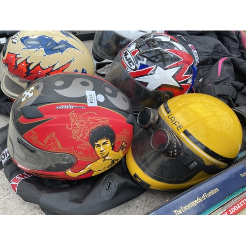 1724 - FIVE VARIOUS MOTOR BIKE HELMETS AND A MOTOR BIKE JACKET