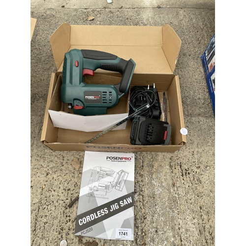 1741 - AN AS NEW AND BOXED POSENPRO CORDLESS JIGSAW WITH BATTERY AND CHARGER