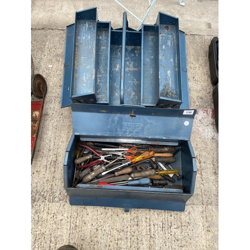 1745 - TWO METAL TOOL BOXES ONE CONTAINING AN ASSORTMENT OF TOOLS TO INCLUDE FILES AND PLIERS ETC