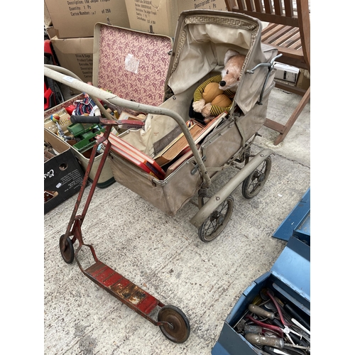 1746 - A VINTAGE DOLLS PRAM, AN ASSORTMENT OF CHILDRENS BOOKS AND A TEDDY ETC