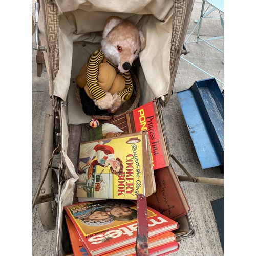 1746 - A VINTAGE DOLLS PRAM, AN ASSORTMENT OF CHILDRENS BOOKS AND A TEDDY ETC