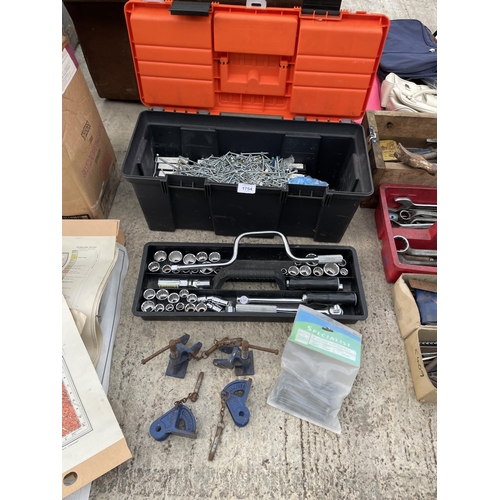 1754 - A TOOL BOX CONBTAINING AN ASSORTMENT OF TOOLS TO INCLUDE SOCKETS AND SASH CLAMP BRACKETS ETC