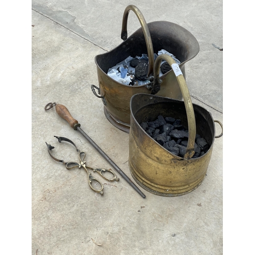 1796 - TWO VINTAGE BRASS COAL BUCKETS, A FIRE POKER AND TONGUES ETC