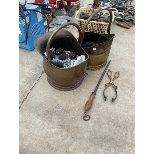 1796 - TWO VINTAGE BRASS COAL BUCKETS, A FIRE POKER AND TONGUES ETC