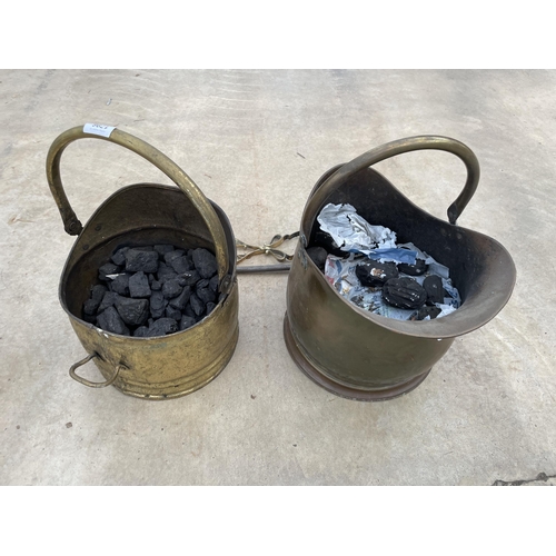 1796 - TWO VINTAGE BRASS COAL BUCKETS, A FIRE POKER AND TONGUES ETC