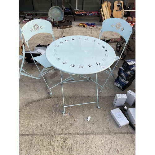 1841 - A MODERN METALWARE PAINTED FOLDING PATIO TABLE AND TWO CHAIRS